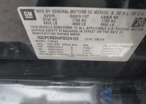 2015 Chevrolet Silverado 1500 1Lt из США, поврежденный, VIN 3GCPCREH4FG524183